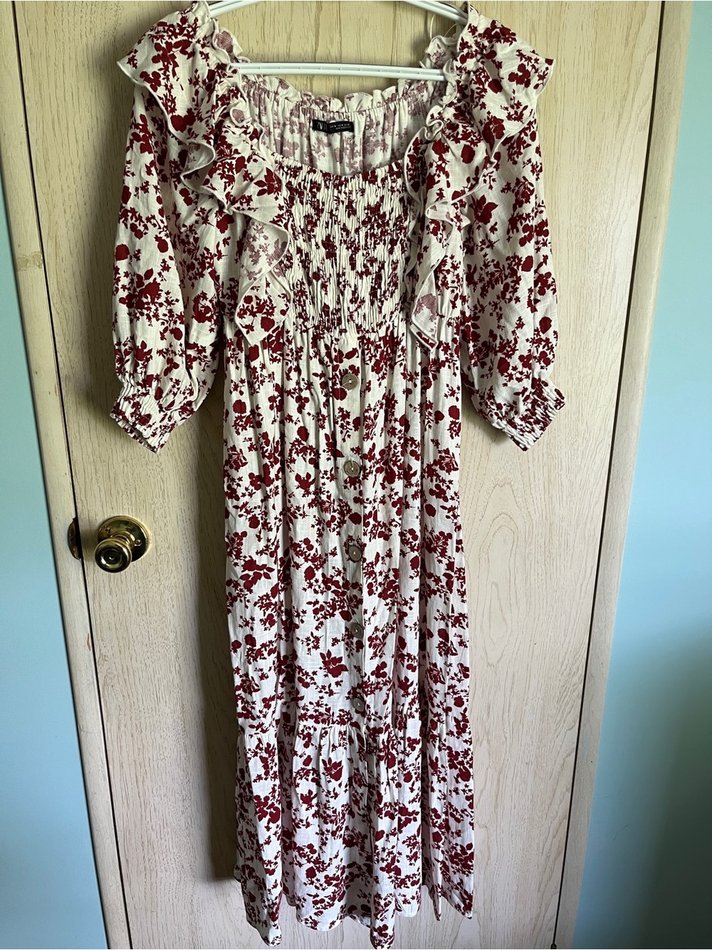 ZARA Ruffle Top Midi Dress Boho Deep Red Floral 3/4 Sleeve Linen Blend Sz M
